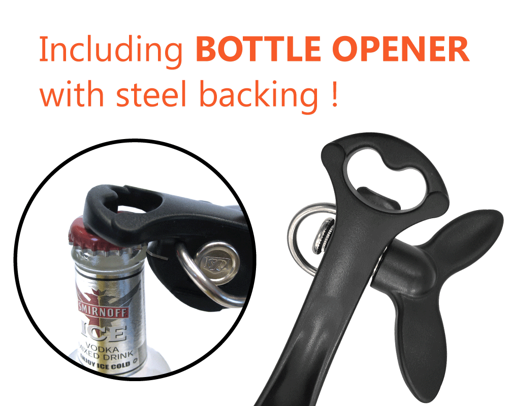 Safety can opener also comes with bottle opener.