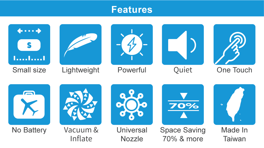 DR. SAVE TRE vacuum pump is small size, lightweight, powerful, quiet, one touch start, no battery inside, vacuum and inflate function, mutiple purpose, save space, made in Taiwan.