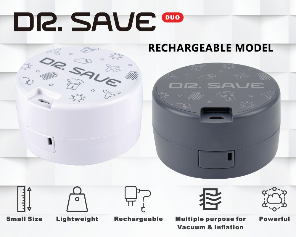 DR. SAVE DUO rechargeable travel vacuum pump is small size, lightweight, rechargeable, powerful and has multiple purpose for vacuum and inflation.
