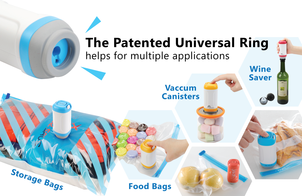 DR. SAVE UNO Handheld Vacuum Sealer's Patented Universal Ring helps for multiple applications.