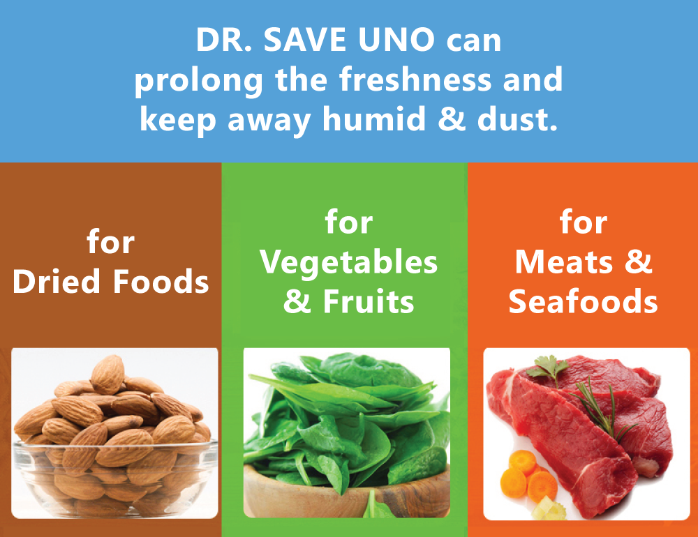 DR. SAVE UNO Handheld Vacuum Sealer can prolong the freshness and keep away humid & dust for dried foods, vegetables, fruits, meats and seafood.