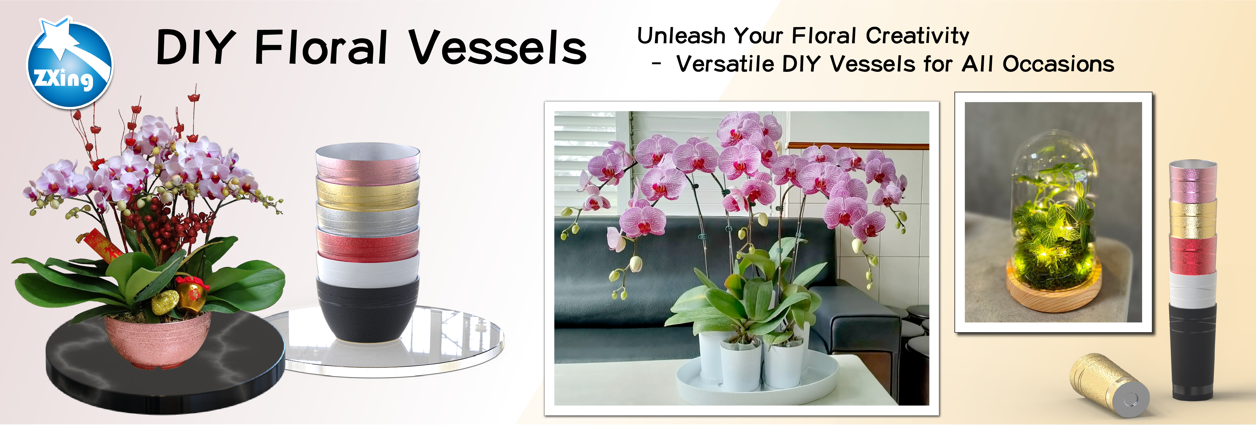 DIY floral vessels banner with ABS tabletop bowls, orchid tube sets, and preserved flower domes – versatile plastic floral containers for orchids, home décor, retail displays, weddings, and craft projects.
