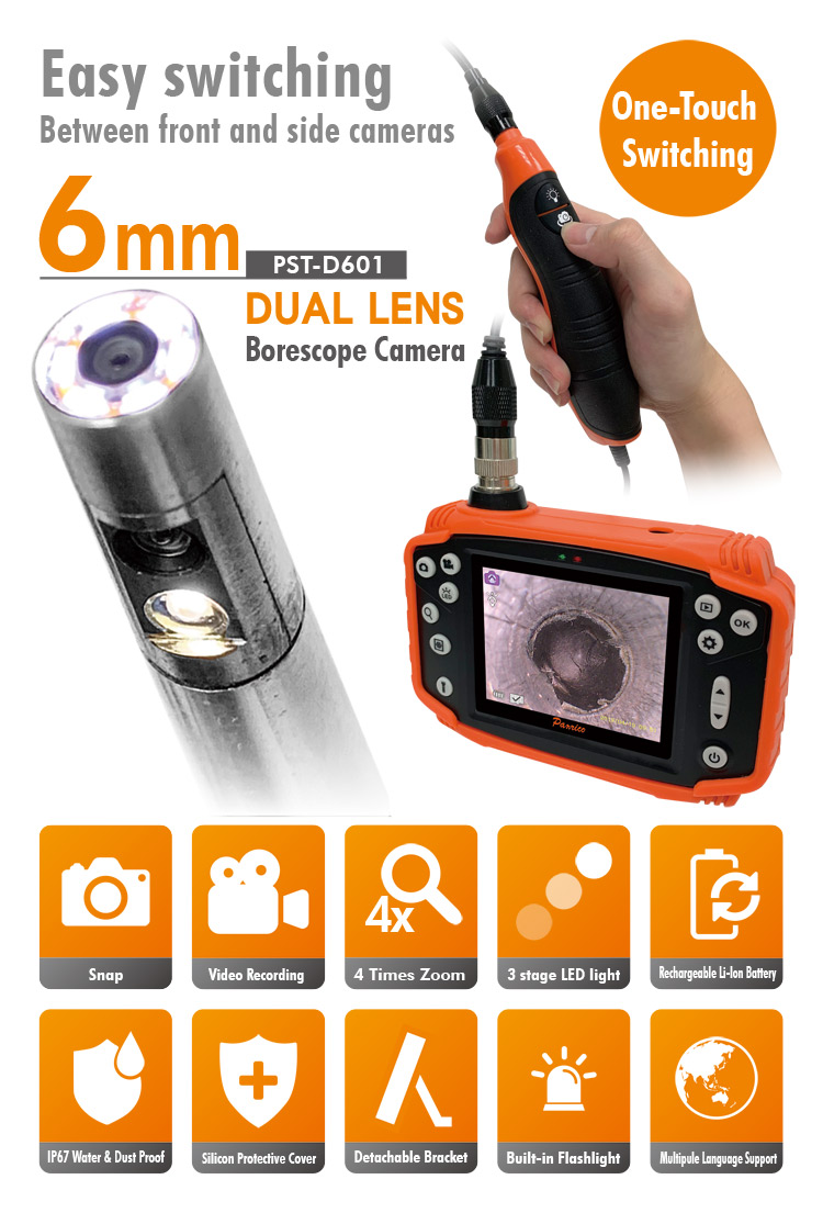 6mm Video Inspection Endoscope Dual Lens Borescope Camera Front and Side Inspection Camera Borescope