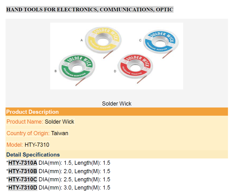Solder Wick HTY7310 YEONG TZAW ASSOCIATES INC.
