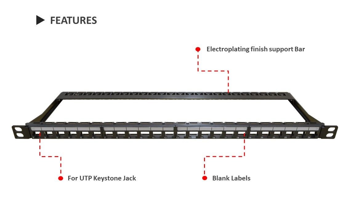 Das hochdichte Keystone-Panel mit 0,5 Port und 24 Anschlüssen besteht aus SPCC-Material und kann zum Einrasten von Keystone-Buchsen verwendet werden.