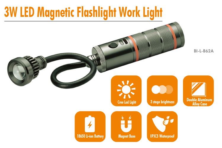 B62A Rechargeable Magnetic 3W LED Torch Flashlight Work Light