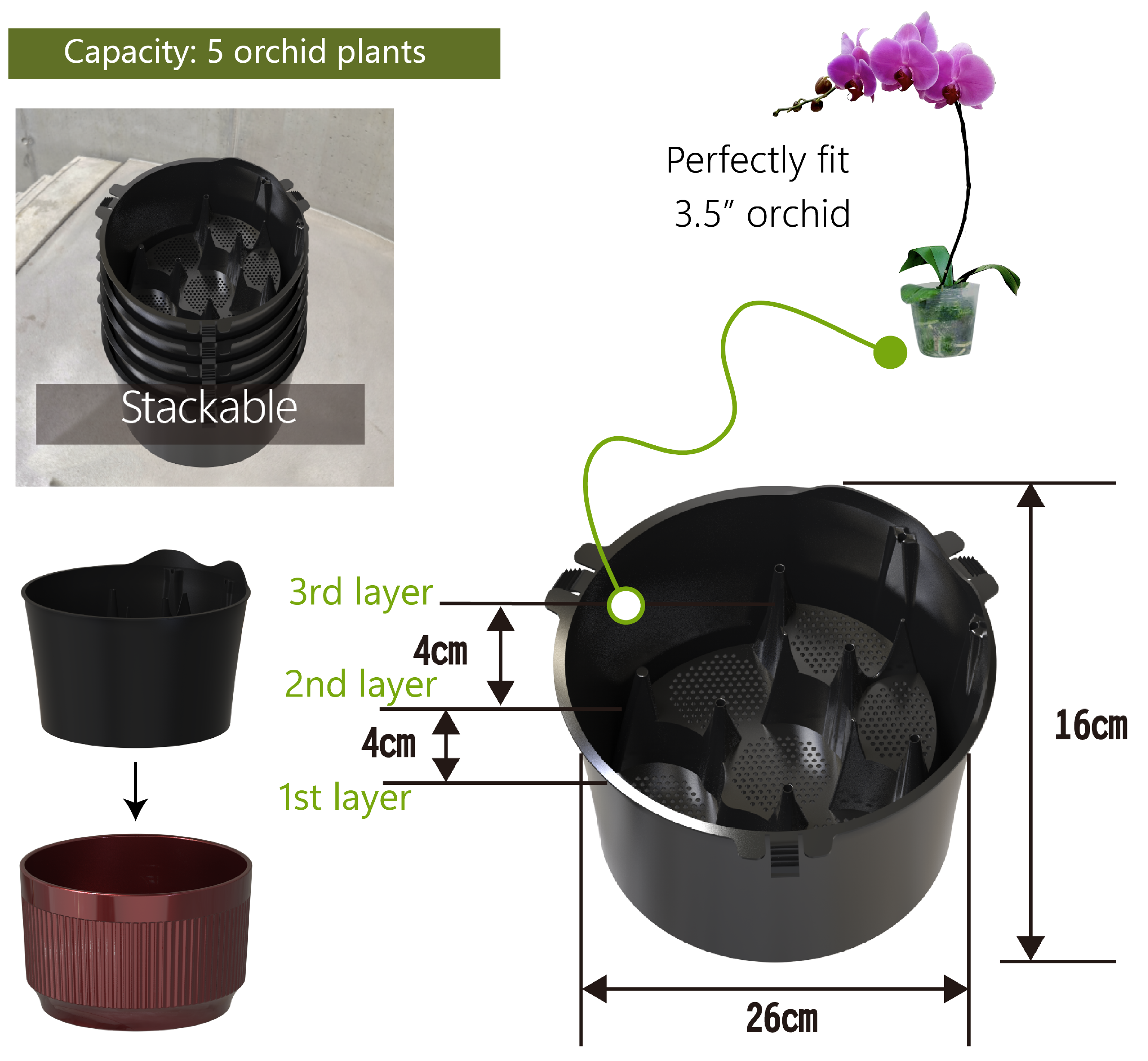 Stackable orchid tray with layered support design for 5 × 3.5" pots