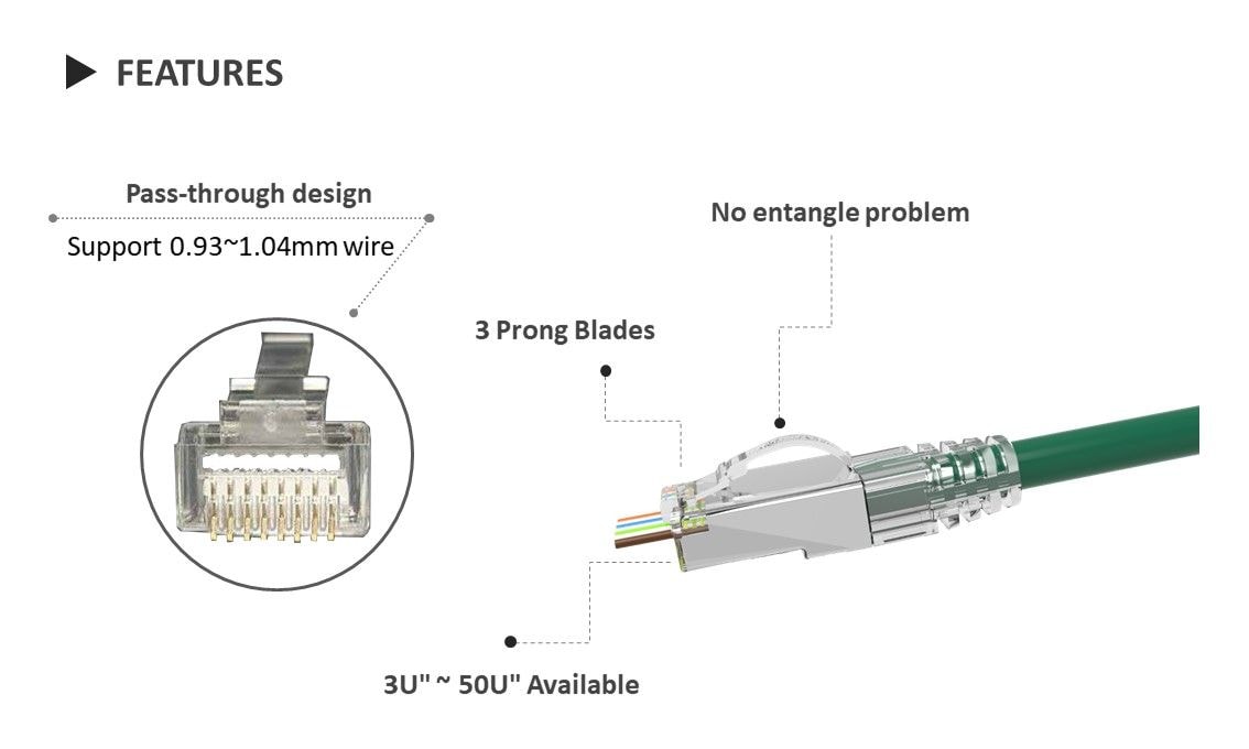 Cat.5E Arch Latch Design Easy Plug hat ein schönes Design, und die Riegel sind auch Haltbarkeit und Qualitätskonsistenz, es kann Ihre Marke mehr Wert machen, es ist nicht nur der Markenwert zu gewinnen, sondern hat auch einen guten Testbericht, um Ihre Marke zu machen Wertvoller ist das perforierte Design, das die einfache Installation des Kerndrahtes erleichtert. Die klare Montage vermeidet Drahtleitungsfehler, das Durchgangsdesign macht Ihren Stecker perfekt. Die schnelle Verkabelung verbesserte die Produktivität. Und das Attraktivste ist, dass unser Riegel mehr als 20 Mal über 180 ° gezogen werden kann. Er zeigt Haltbarkeit.