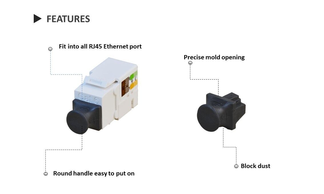 El protector de conector RJ45 evita el polvo de los puertos abiertos, extiende la vida útil de los conectores Keystone y los sistemas de cableado estructurado.