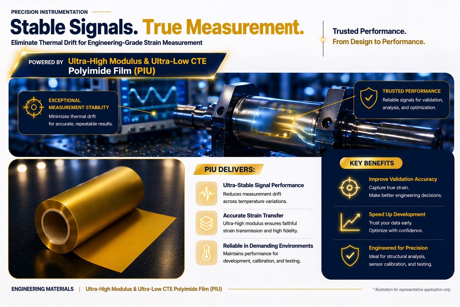 Ultra-high modulus and ultra-low CTE PIU polyimide film enabling stable, drift-free strain measurement for precision instrumentation and engineering validation applications