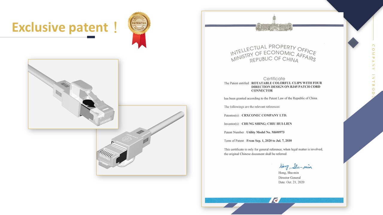 Latiguillo Cat.6a patentado con pinzas de color giratorias