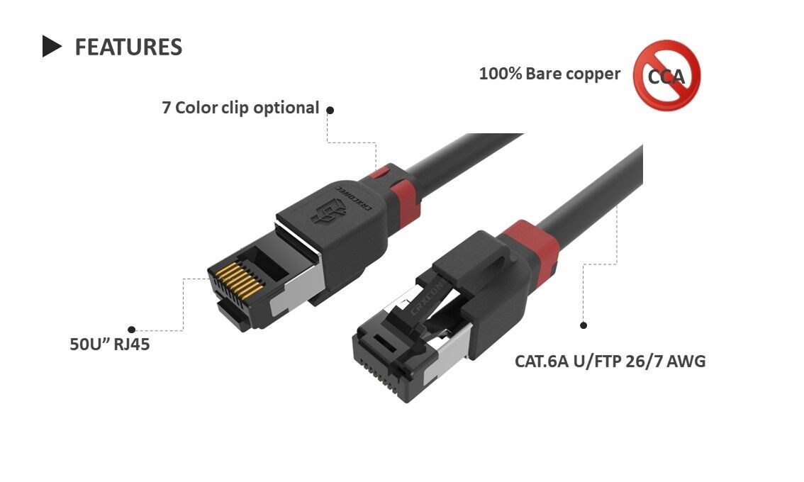 Mit unserem Cat.6A-Skorpion-Patchkabel können Sie Ihre eigenen Clips zusammenbauen. Dadurch lässt sich Ihr Patchkabel leichter identifizieren und Sie können es selbst ändern.
