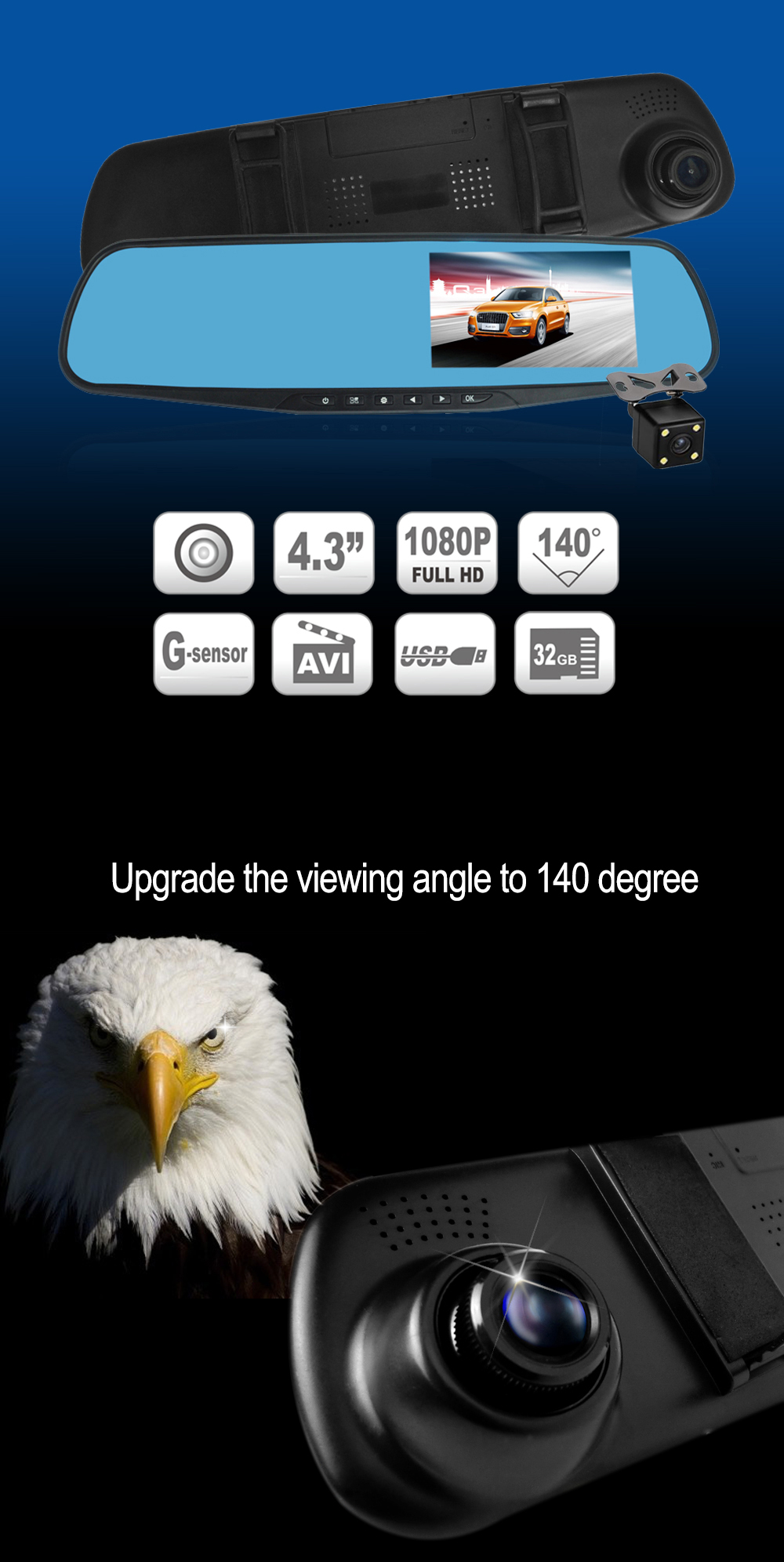 Coral R2 Duallens Mirror Dashcam 4.3inch Dual Lens Driving Recorder