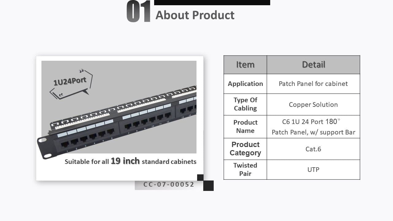 Le panneau peut s'adapter à un rack et à une armoire réseau standard de 19 pouces, prend en charge un câble LAN Cat.6 de 22 à 26 AWG. Chaque module est testé à 100% en usine et garantit les performances. Le numéro de port est clairement indiqué sur la barre de support et la plaque avant, et le code couleur T568A / T568B est marqué à l'arrière du panneau.