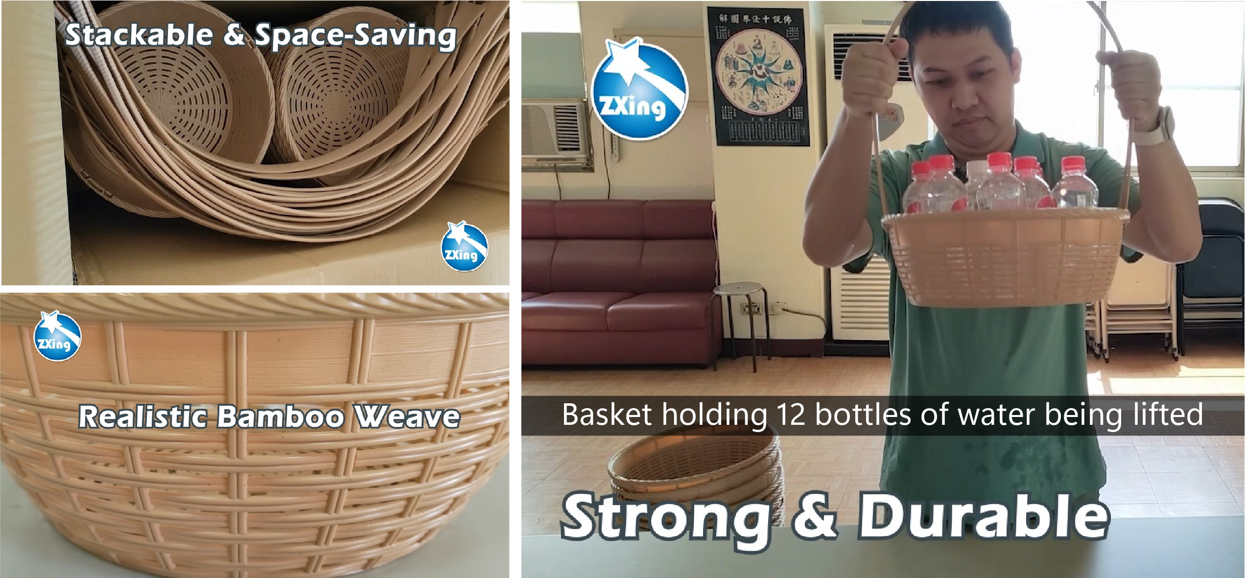 Plastic fruit basket showcasing stackable design, realistic bamboo weave, and strength test lifting 12 bottles — ideal for durable and efficient packaging.