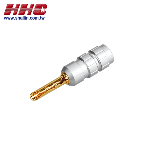 Banana plug, 4mm, satin silver gold terminal, RoHS Directive-compliant