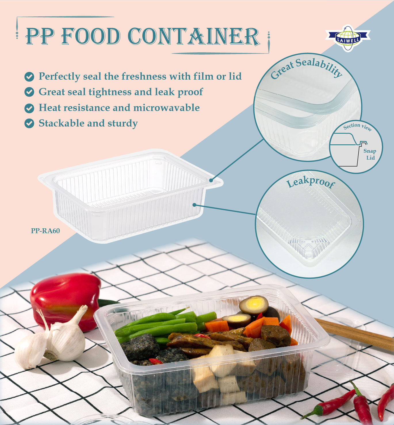 PP container, Plastic microwavable container, bento box, convenient meal prep food packaging