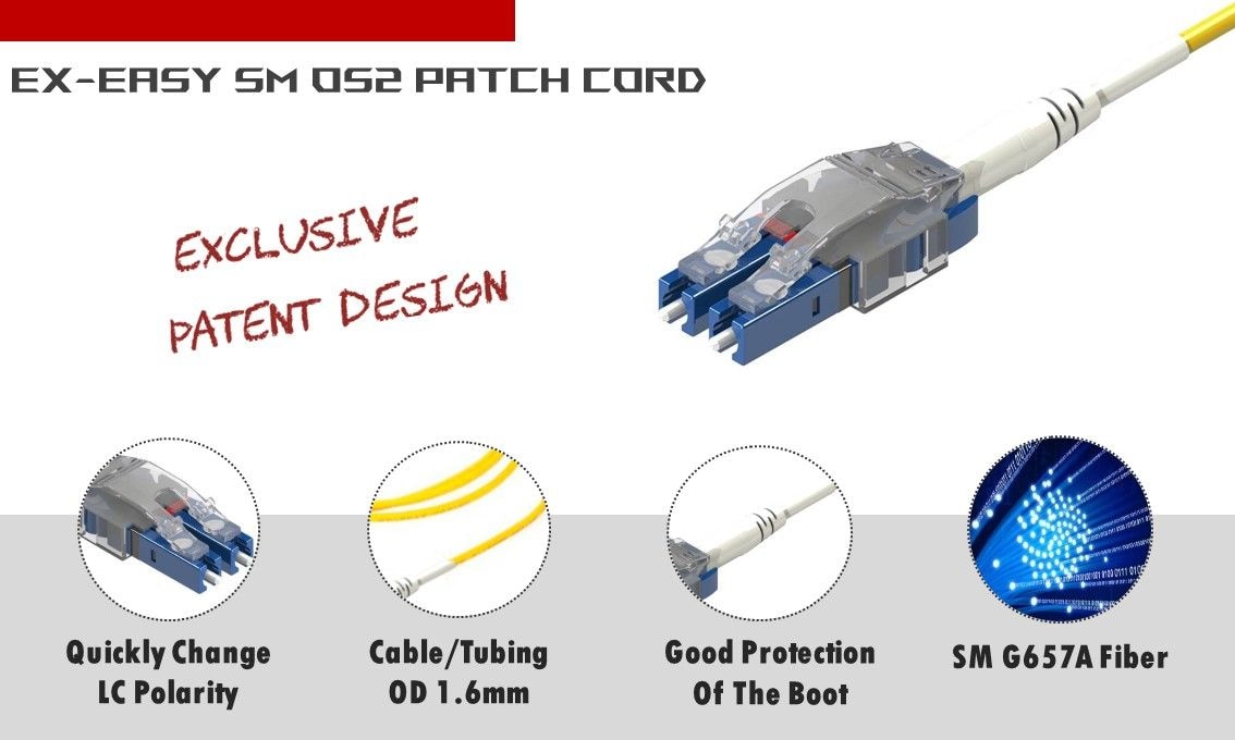 Das Easy-Ex-LC-LC-Duplex-Faser-Patchkabel im Single-Mode-Modus verfügt über ein exklusives Patentdesign zum schnellen Ändern der LC-Polarität sowie über ein arbeitssparendes Strukturdesign.