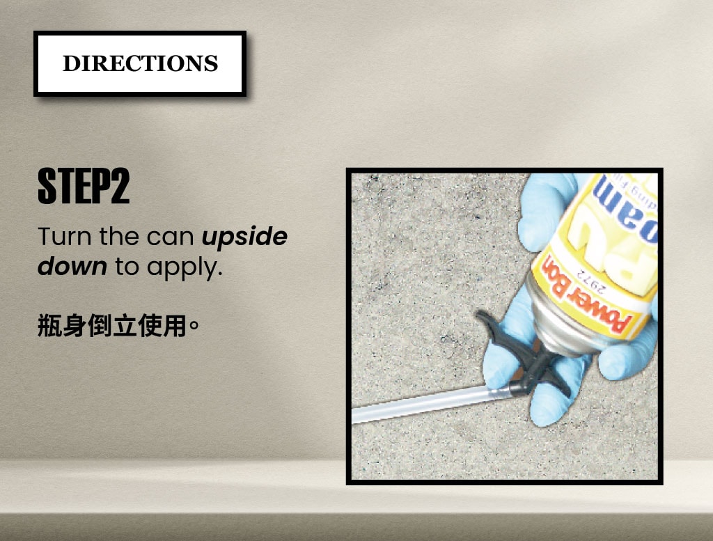 Step-by-step usage of PowerBon PU Foam Expanding Filler – spray water, apply upside down, foam expansion, cutting, sanding, and painting