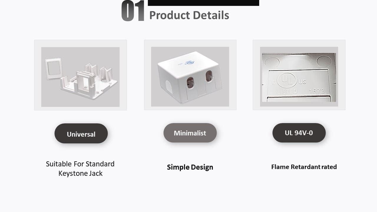 La caja de conectores keystone de red de 2 bandas es de perfil bajo y adecuada para módulos ksytone apantallados y no apantallados.