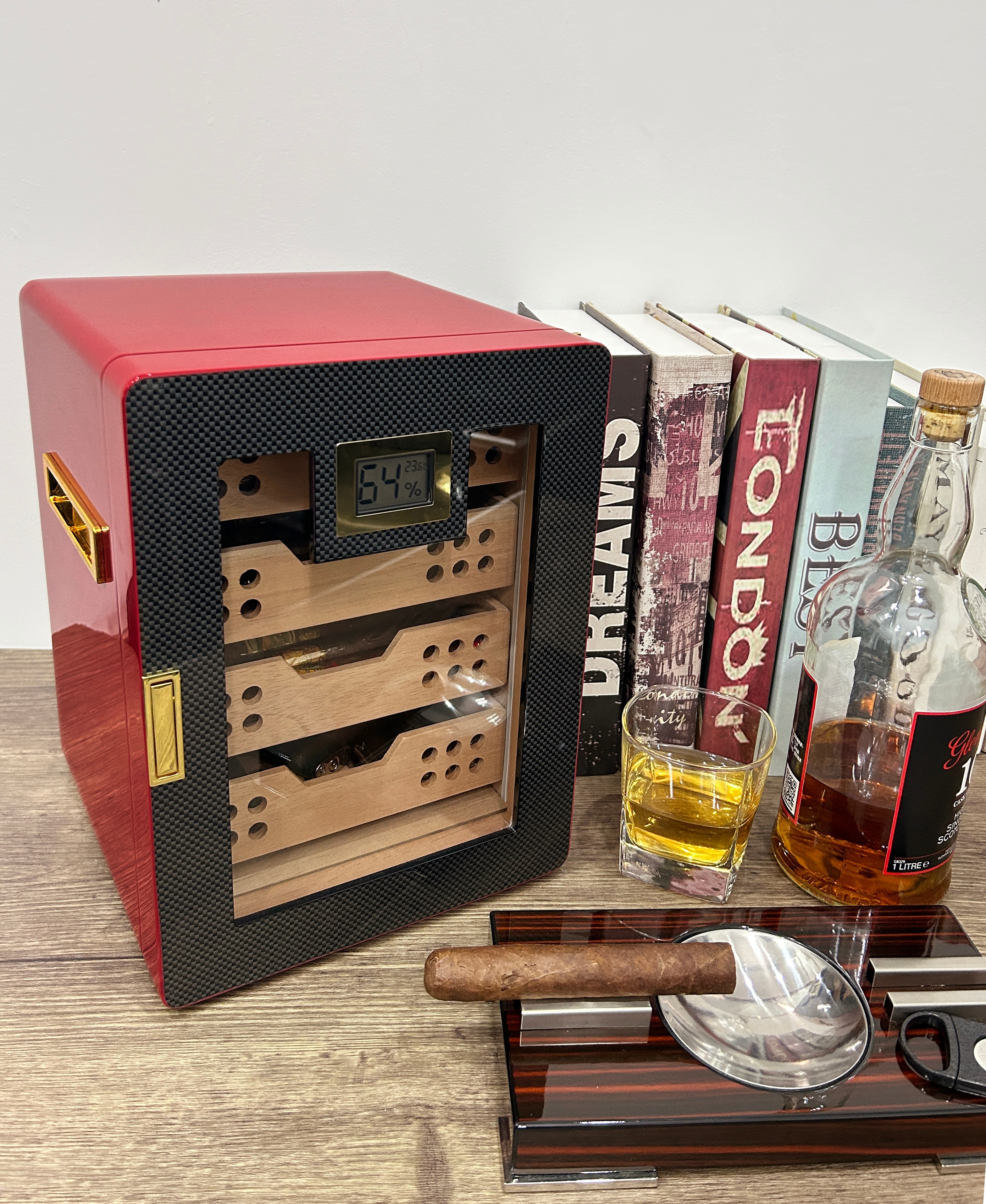 Illuminated LED lighted Hi laquar colored desk top display humidors ...
