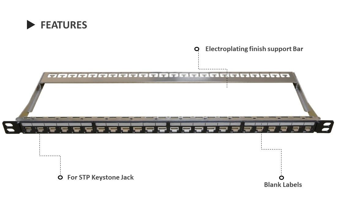 El panel de conexión de 24 puertos de 0.5U está hecho de material SPCC de alta densidad y está disponible para encajar en conectores trapezoidales. La barra de soporte mantiene los cables de conexión bien organizados. Es fácil identificar diferentes cables marcando una etiqueta blanca.