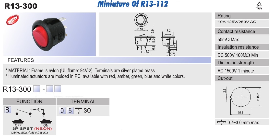 Illuminated Rocker Switch AC R13 300 Miniature Of R13 112