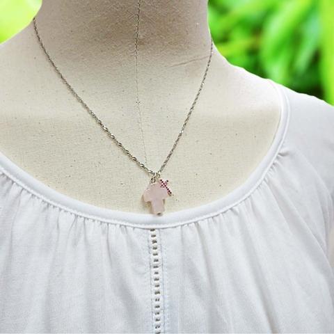 粉晶雙十字架項鍊-純銀鍊45cm 純銀微鑲玫瑰紅色鑽鋯石x天然水晶