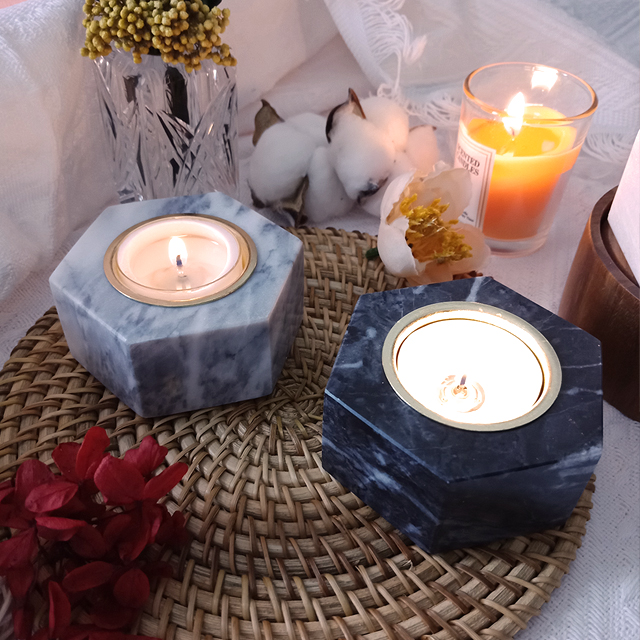 Natural Grey Marble Candle Holder, Hexagon Stone Tealight Holder