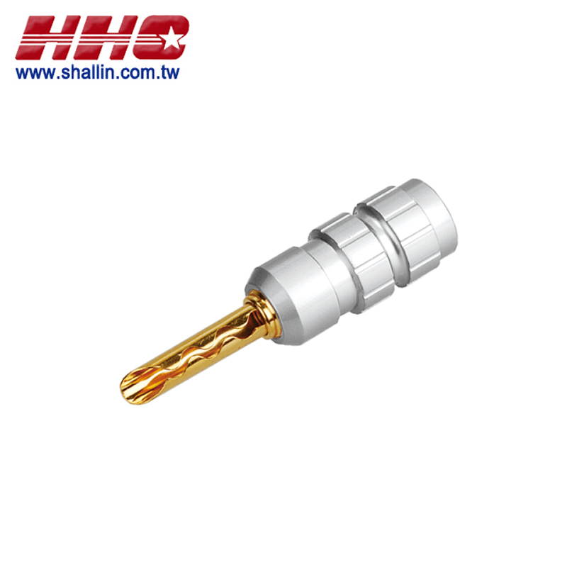 Banana plug, 4mm, satin silver gold terminal, RoHS