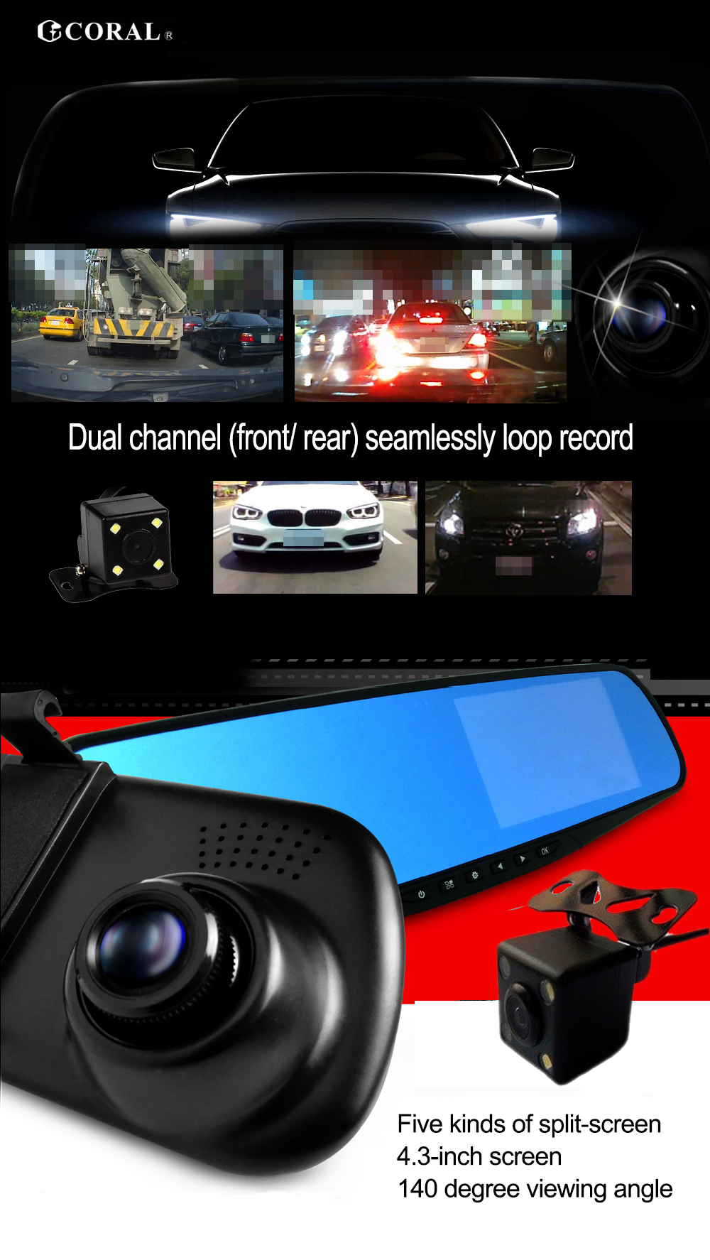 Coral R2 Duallens Mirror Dashcam 4.3inch Dual Lens Driving Recorder