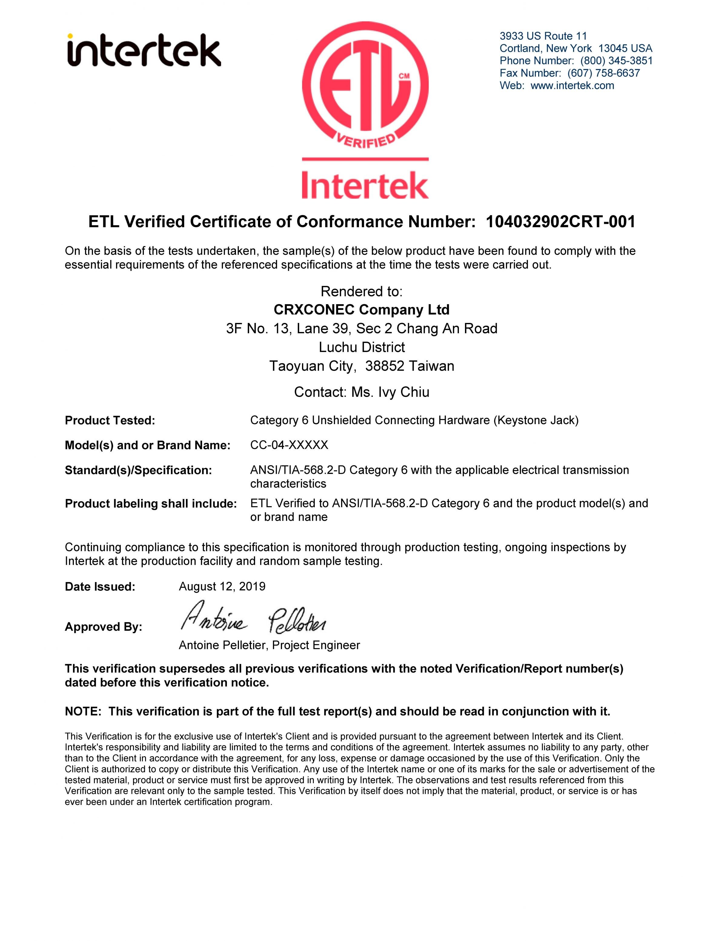 ETL Verificado Cat.6 Certificación Keystone Jack de 90 grados