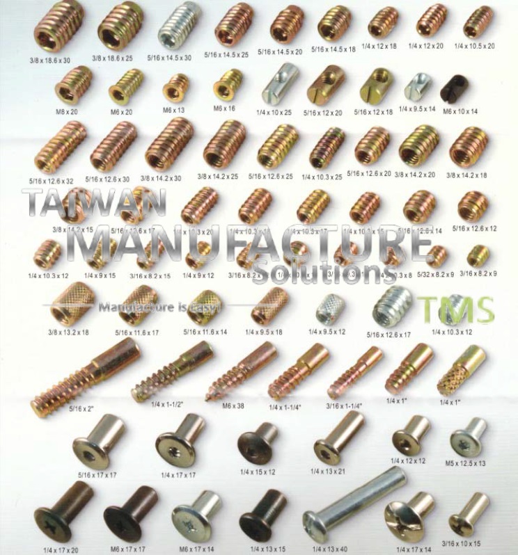 Threaded inserts,sloted barrel nuts, flanged revet nuts and screws