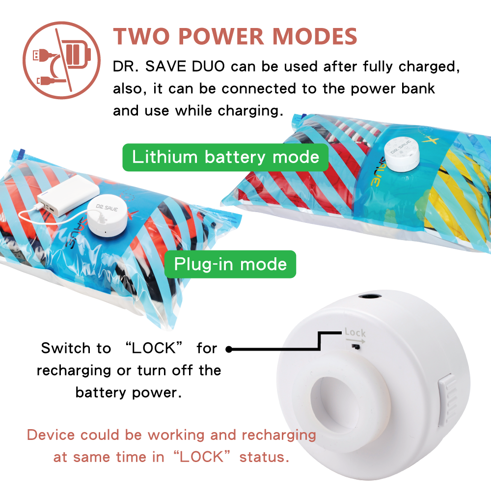 the feature of DR. SAVE DUO Rechargeable Vacuum Pump / Air Pump