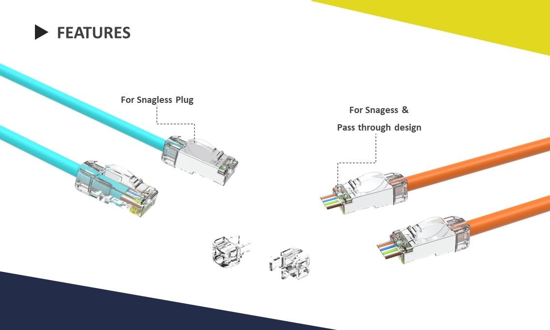 La botte de couleur claire est conçue pour fonctionner avec une prise snalgess et le connecteur RJ45 avec loquet à arc.