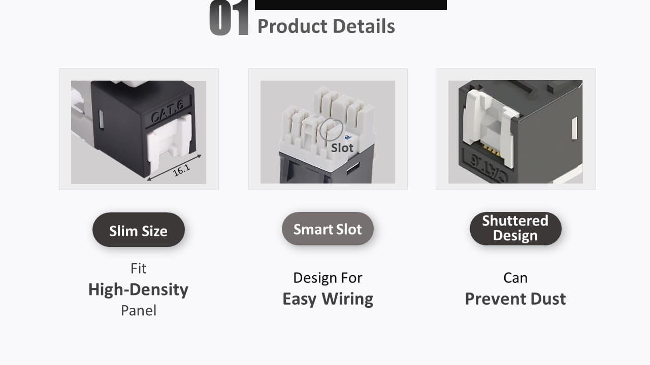 Crxconec new cat6 UTP 180-Grad-Trapez ist schlank und passt mit 1U 24-Port- oder 1 U 48-Port-Lösung mit hoher Dichte. Optional mit Verschluss oder ohne Verschlussdesign, unterschiedliche Anwendungsanforderungen erfüllen. Geeignet für 23AWG ~ 26AWG Litzen- oder Massivkabel.