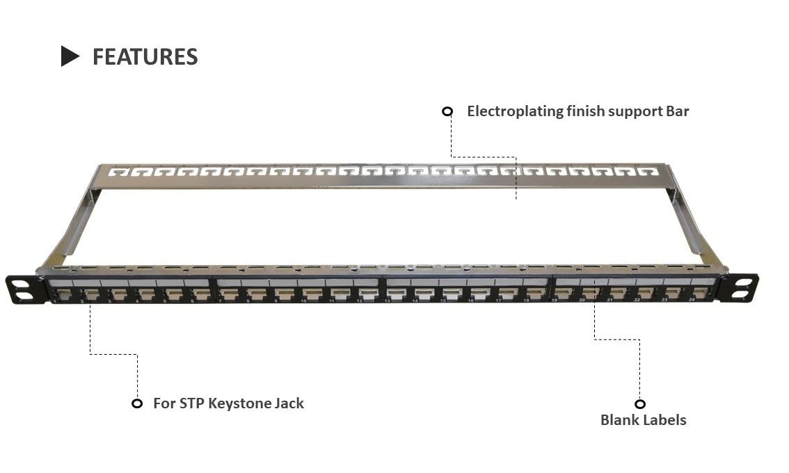 Das 0,5U 24-Port-Patchfeld besteht aus hochdichtem SPCC-Material und kann zum Einrasten von Trapezbuchsen verwendet werden. Die Stützleiste sorgt für eine gute Organisation der Patchkabel. Es ist einfach, verschiedene Kabel durch Markieren des weißen Etiketts zu identifizieren.