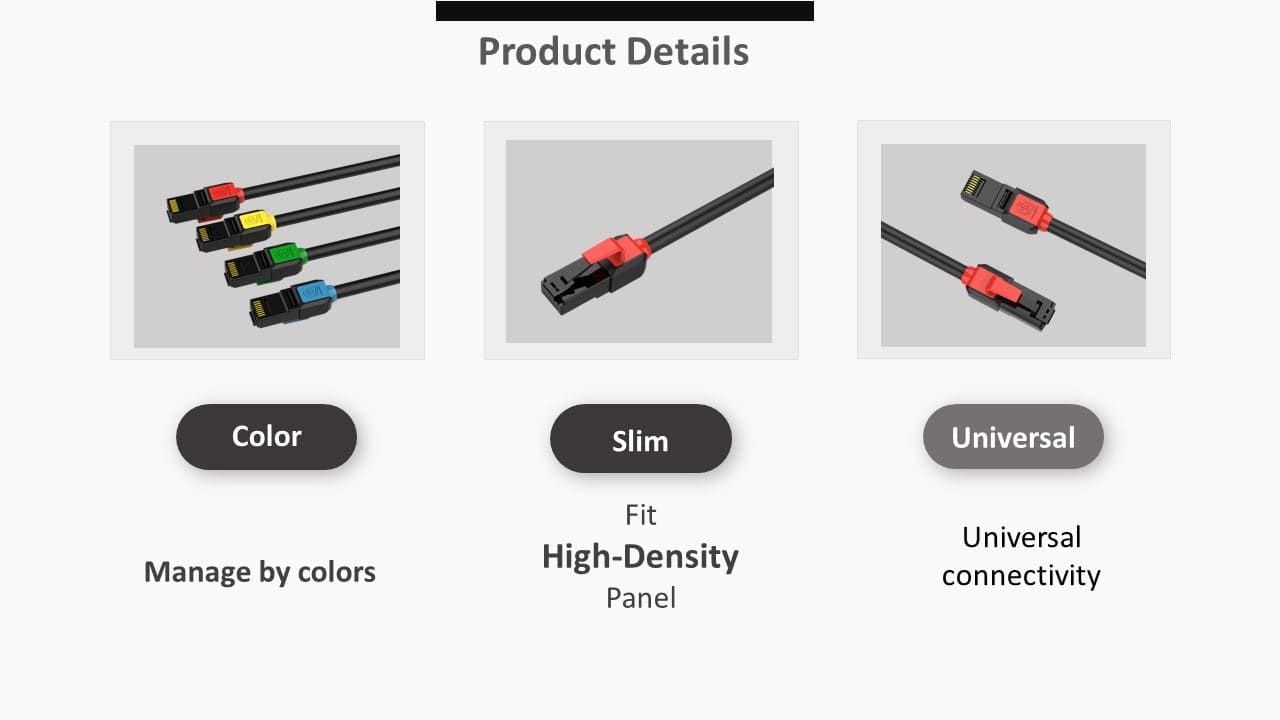 El cable de conexión de red cat.6a es delgado y encaja con cableado de alta densidad, y admite molduras de diferentes colores.