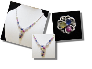 The suite of chrysoberyl cat’s eye, star sapphire, star rubies and diamond jewellery