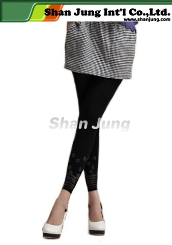 Leggings, Fashion Opaque Legging with Ankle Stripe & Flower Pattern