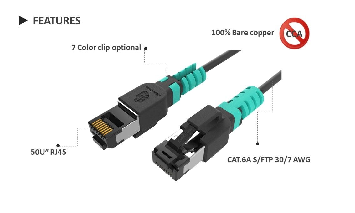 Mit unserem Cat.6A-Skorpion-Patchkabel können Sie Ihre eigenen Clips zusammenbauen. Dadurch lässt sich Ihr Patchkabel leichter identifizieren und Sie können es selbst ändern.