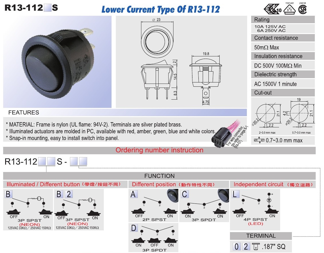 LED NEON Illuminated Rocker Switch AC Rating Lower Current Type