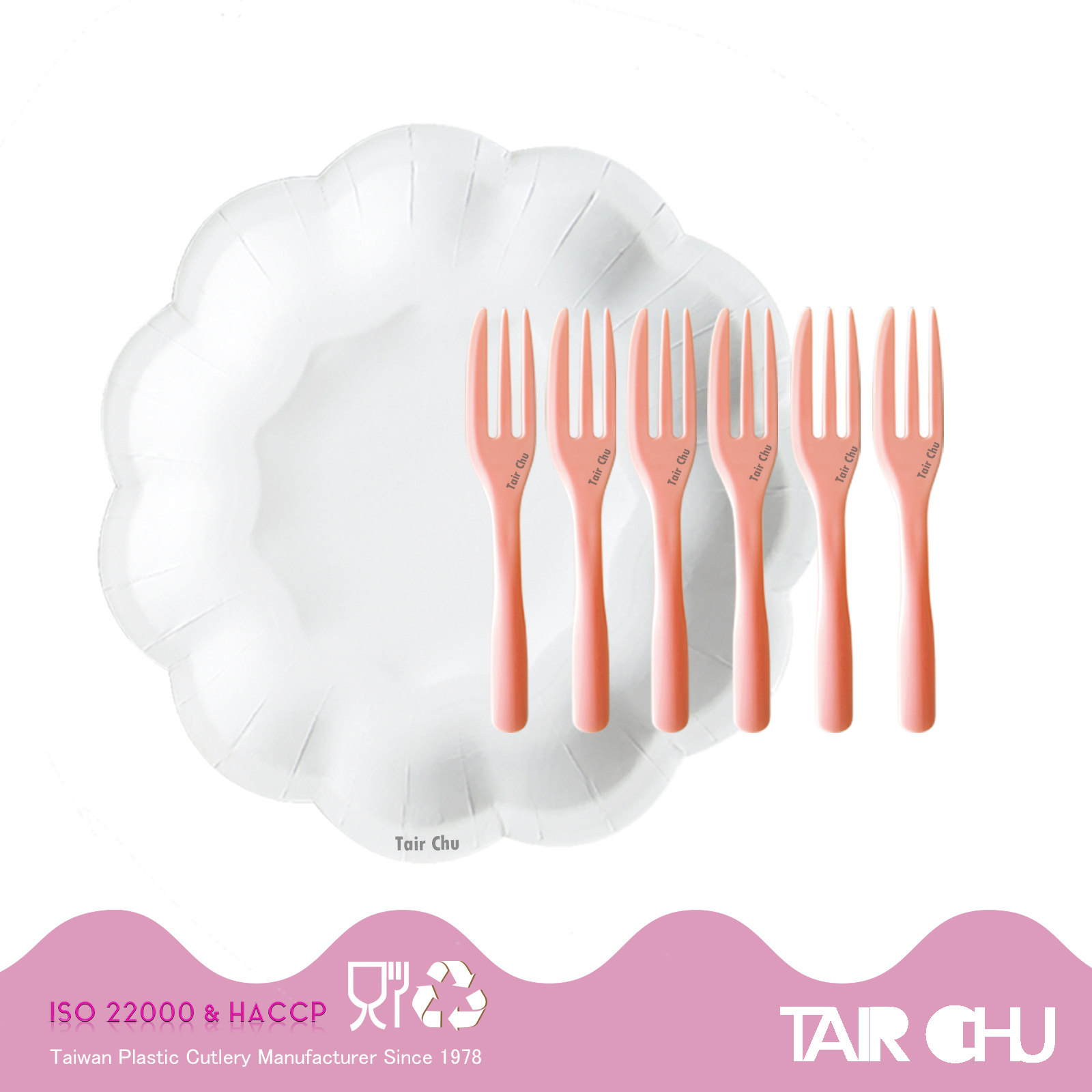 Flower Shape Plate and Peach Color Cake Fork Disposable Cutlery