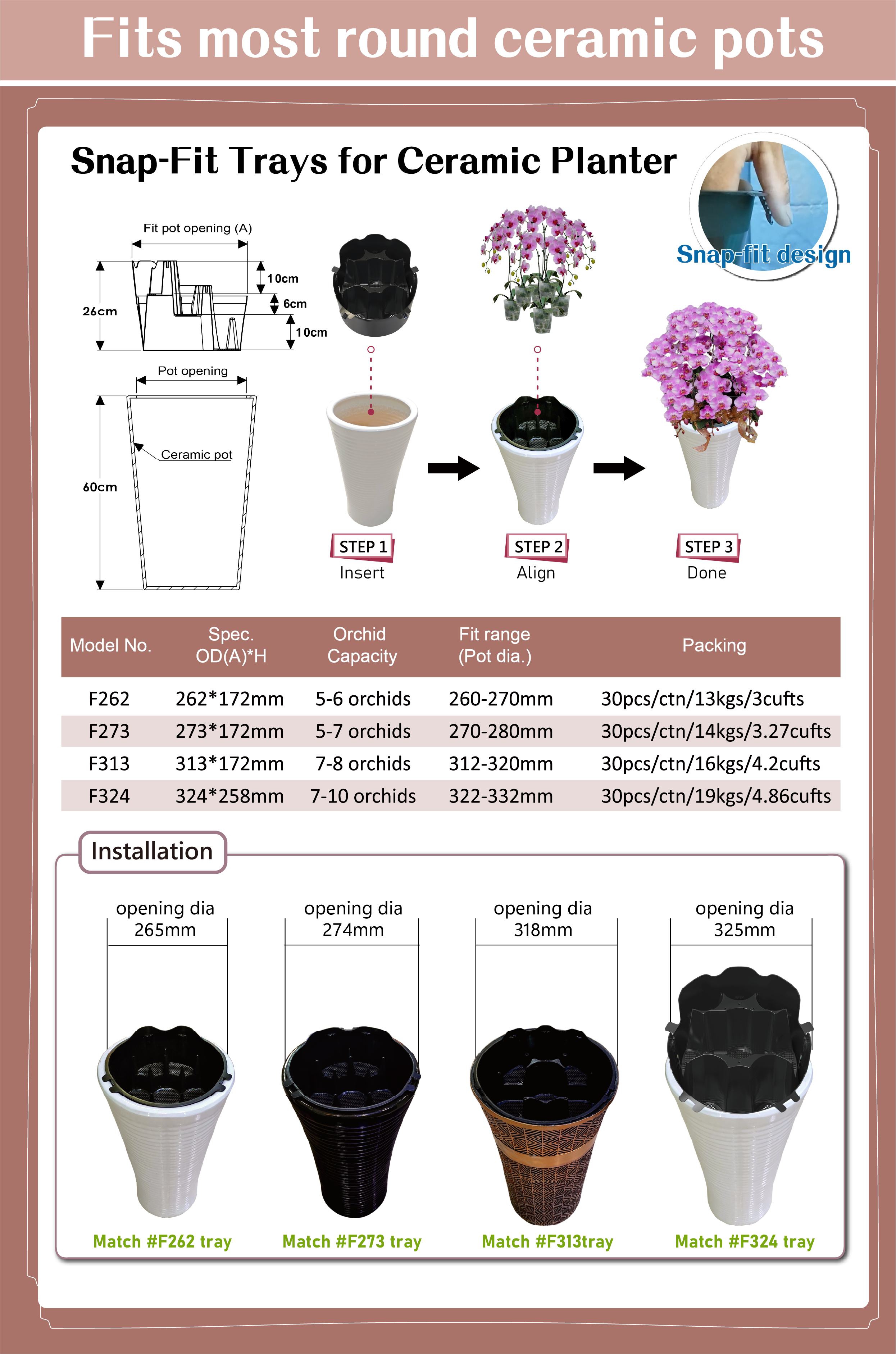 Snap-fit quick-assembly orchid tray compatible with traditional tall ceramic planters, allowing modern reusable floral arrangements for weddings and exhibitions.