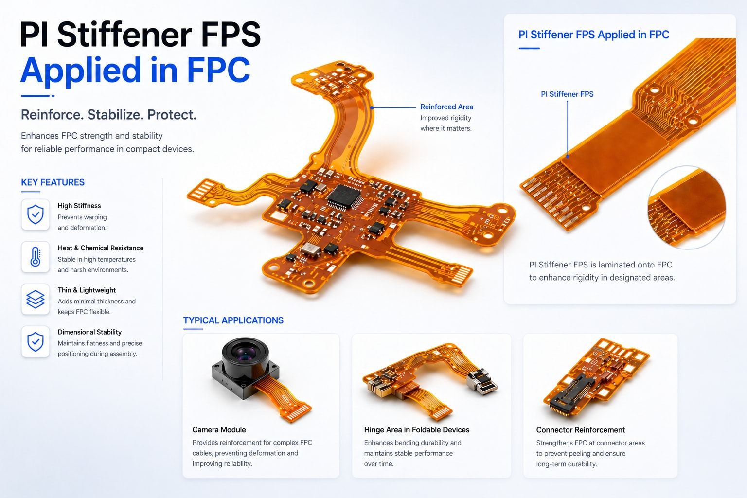 PI Stiffener FPS applied on flexible printed circuit (FPC) to improve rigidity, stability, and reliability in compact electronic applications such as camera modules, foldable devices, and connectors.