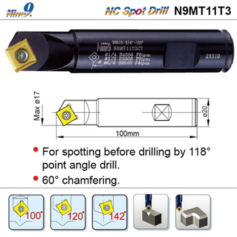 Nine9 120° spot drill with carbide insert, Dmax. Ø17