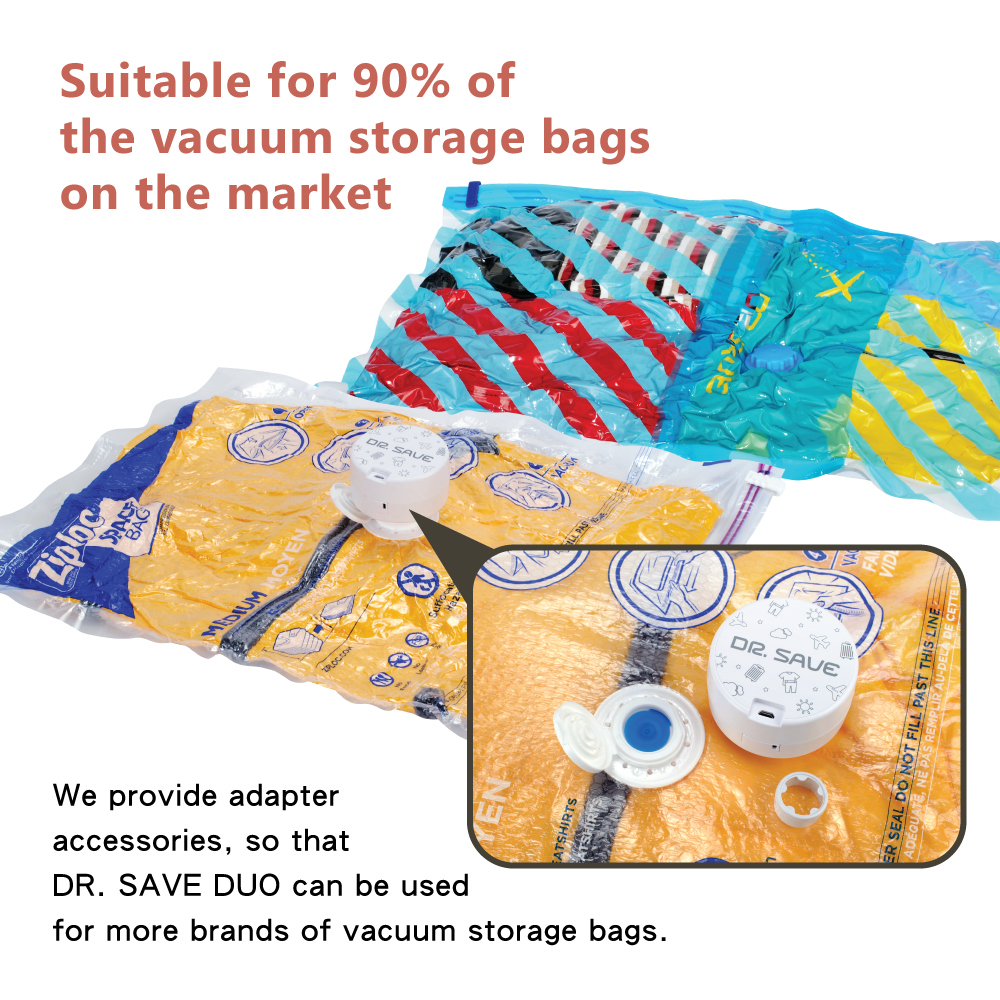DR. SAVE DUO Vacuum Pump is suitable for 90% of vacuum storage bag brands