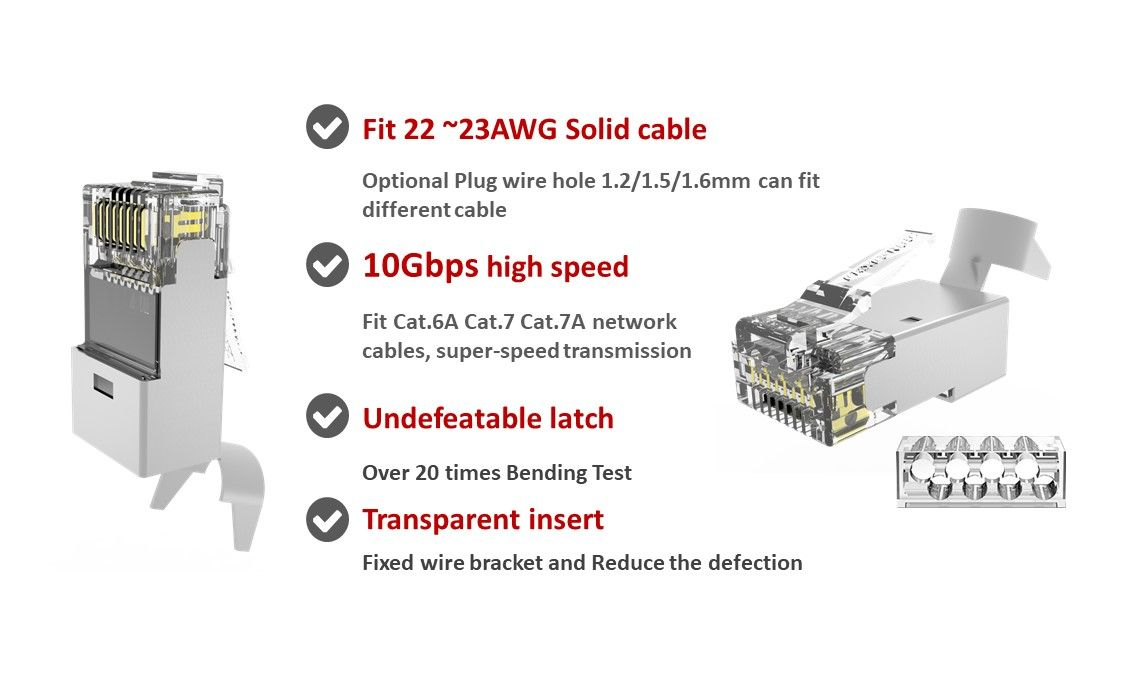 RJ45 para cable de diámetro se ajusta con cable sólido 22 ~ 23 AWG, los diferentes orificios para cables pueden adaptarse a diferentes cables, nuestro enchufe también se puede usar en Cat.7 y Cat.9A.