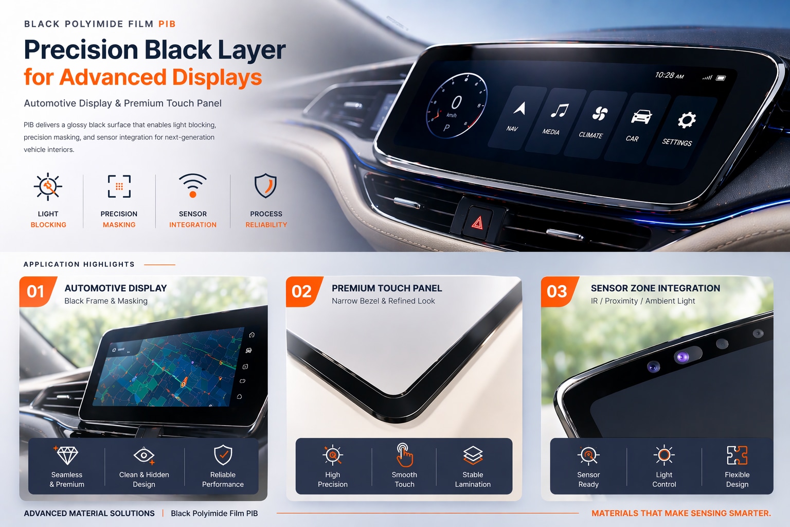 Glossy black polyimide film (PIB) used as a precision masking and light blocking layer in automotive display and premium touch panel applications, supporting sensor integration and clean black frame design.