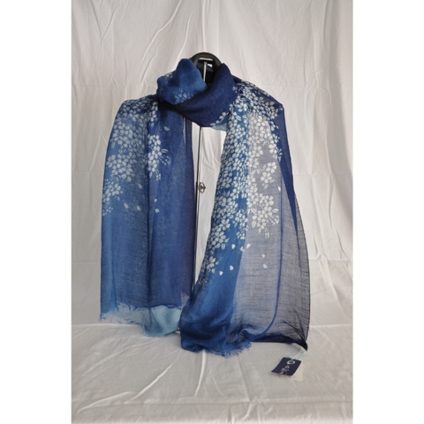 Indigo Dyed Scarf with Sakura Blossing Pattern